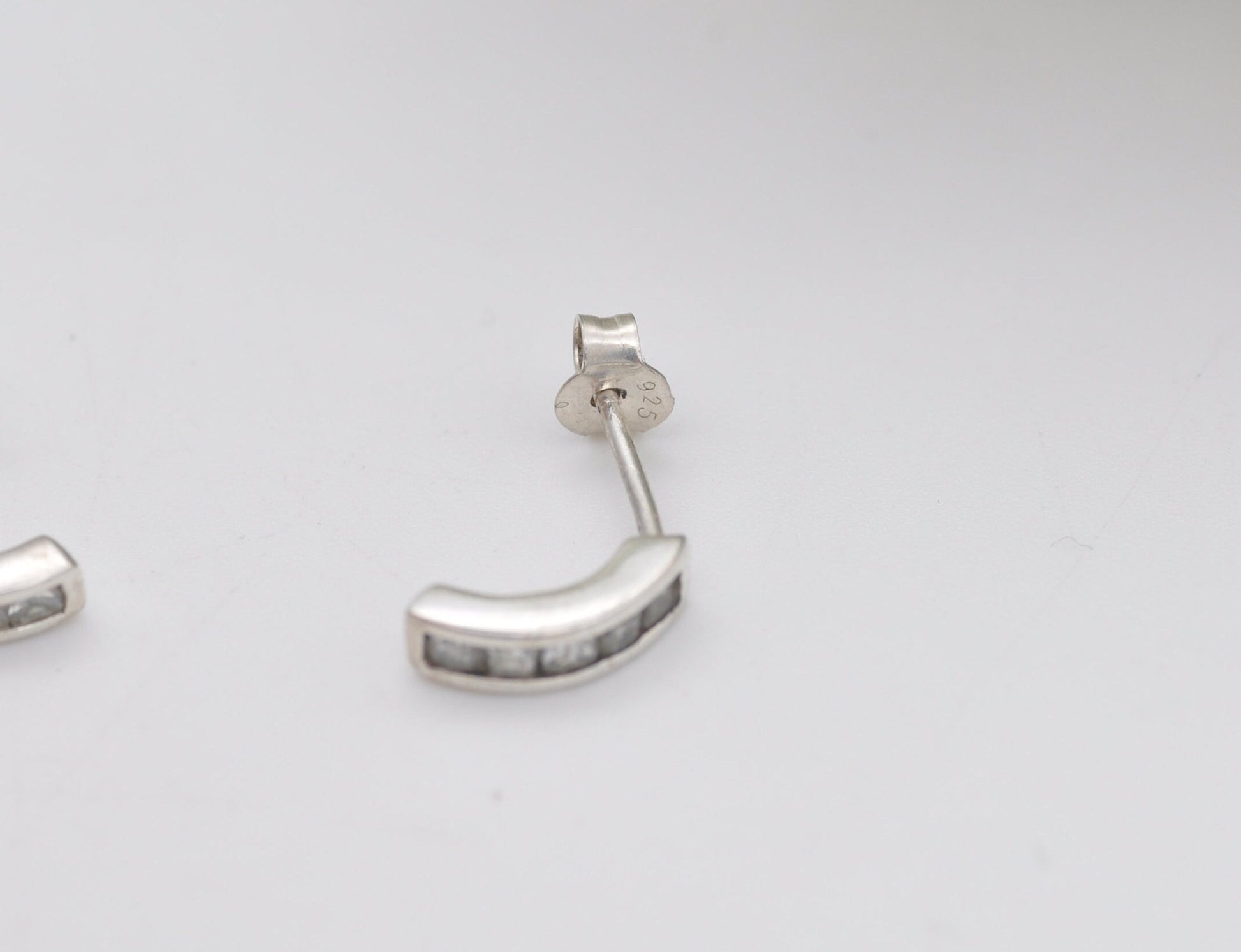 Sterling Silver C Hoop Stud Earrings with White Stones