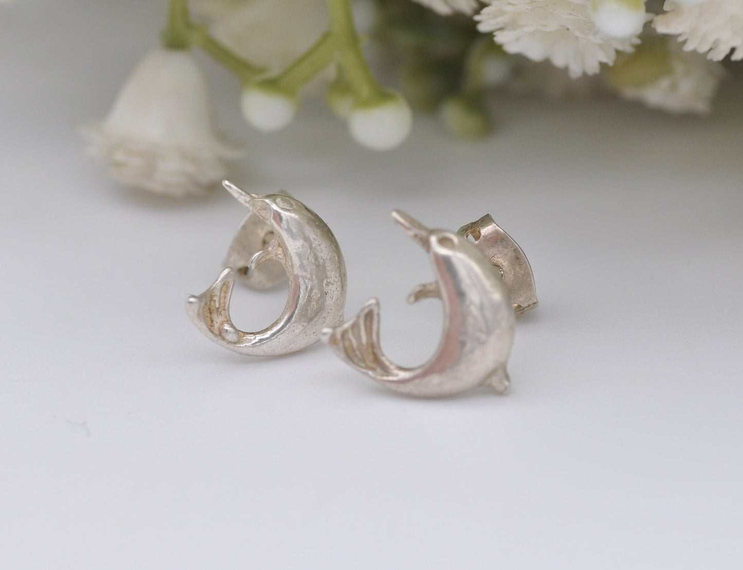 Vintage Sterling Silver Dolphin Stud Earrings