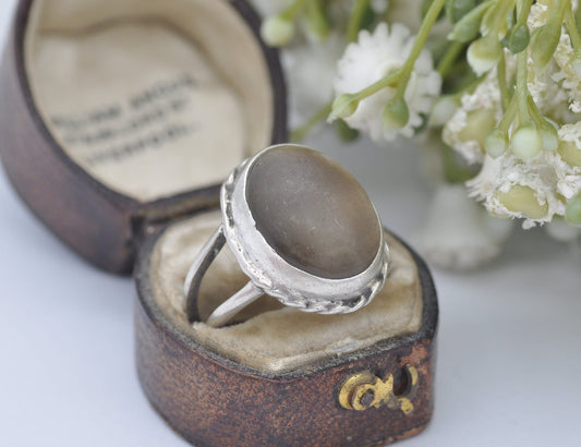 Vintage Sterling Silver and Domed Glass Ring - Chunky Cocktail / Quirky Ring / Clear Oval Stone / Unisex / UK Size - Q / US Size - 8