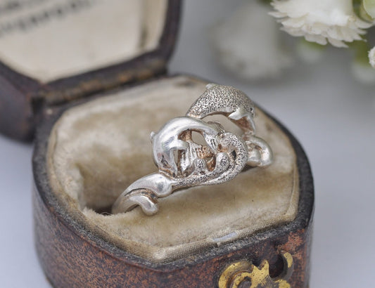 Sterling Silver Dolphin Ring - Leaping Dolphins / Sea Animal / Nature Lover / Openwork / Boho / Animal Gift / UK Size - N / US Size - 6 3/4