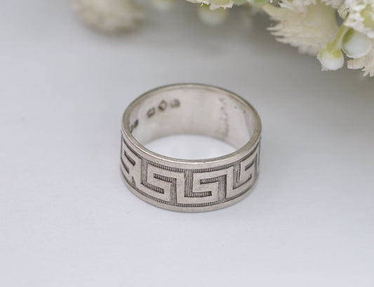 Vintage Sterling Silver Greek Key Band Ring - RLM 1977 Meander Band / Chunky Minimal / Unisex Silver / UK Size - L 1/2 / US Size - 6