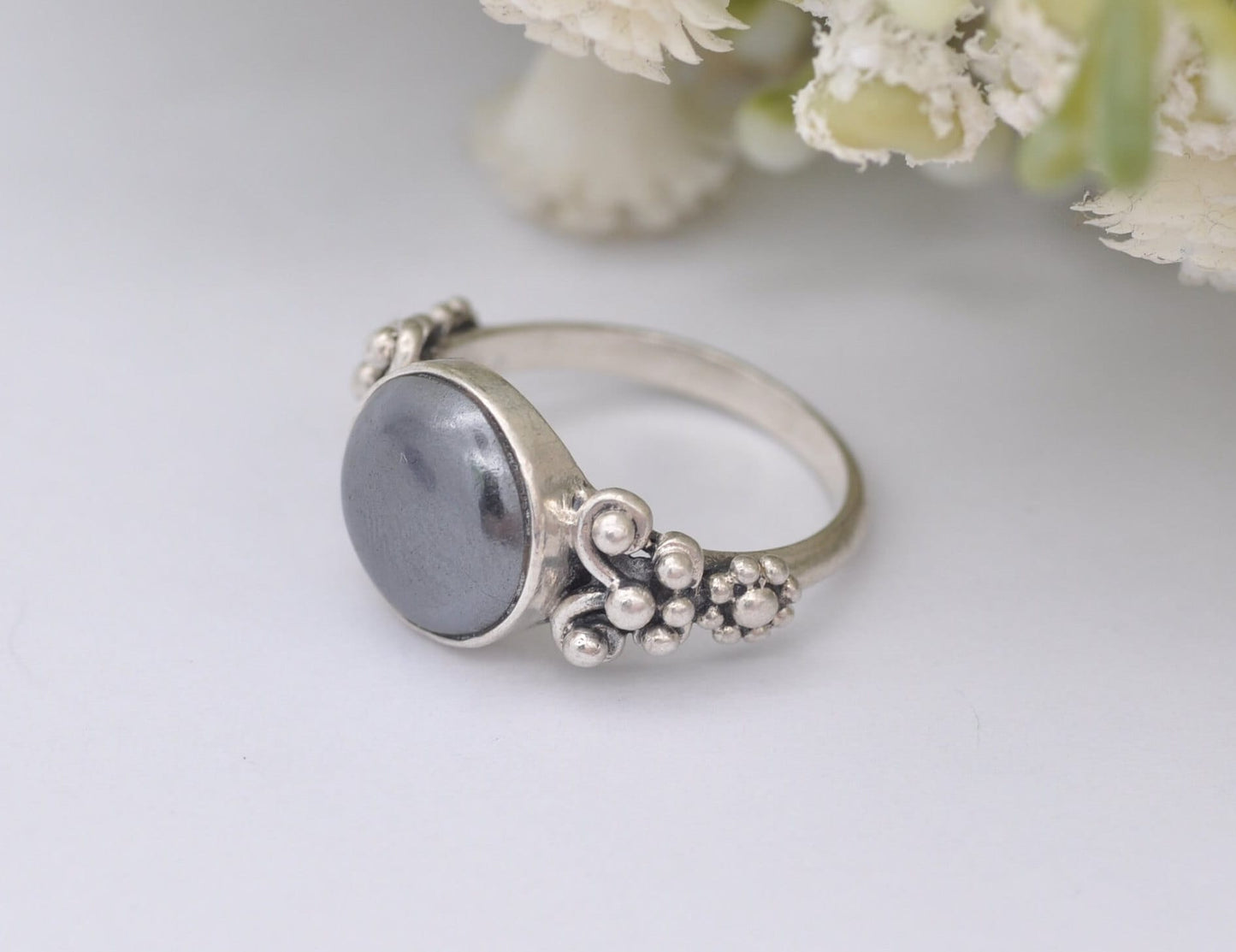 Vintage Sterling Silver and Hematite Ring - Cabochon Gemstone / Everyday Statement Ring / Gift for Her / UK Size - K 1/2 / US Size - 5 1/2