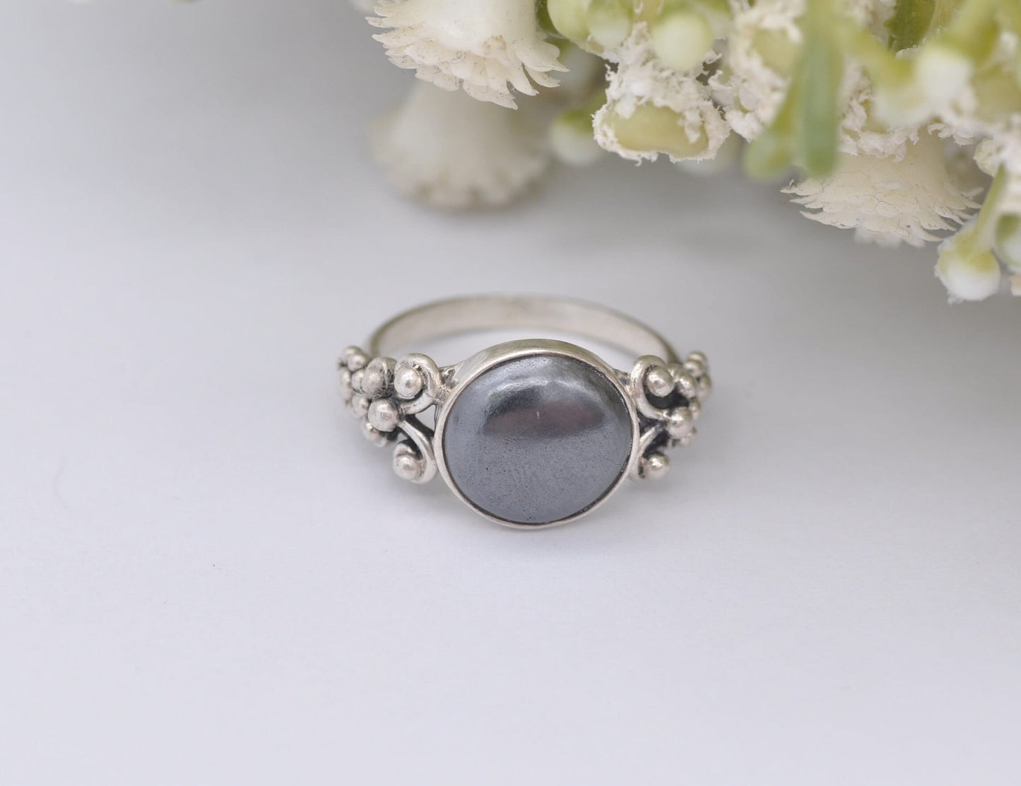 Vintage Sterling Silver and Hematite Ring - Cabochon Gemstone / Everyday Statement Ring / Gift for Her / UK Size - K 1/2 / US Size - 5 1/2