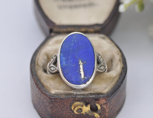 Silver Lapis Lazuli Ring Vintage - Oval Stone / Blue and Gold Stone Ring / 925 Sterling / Smooth Cabochon / UK Size - L / US Size - 5 3/4