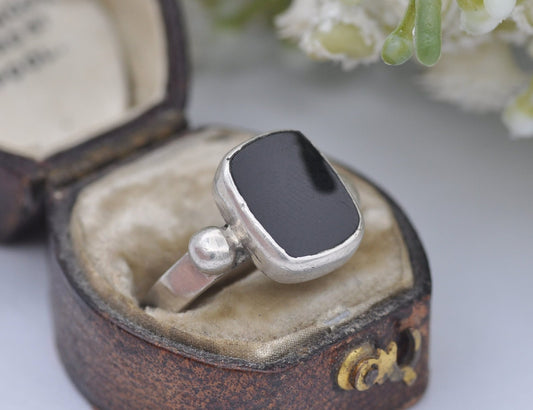 Vintage Sterling Silver and Onyx Statement Ring - 1980 / Chunky Cocktail / 925 / Black Square Stone / Unisex / UK Size - N / US Size - 6 1/2