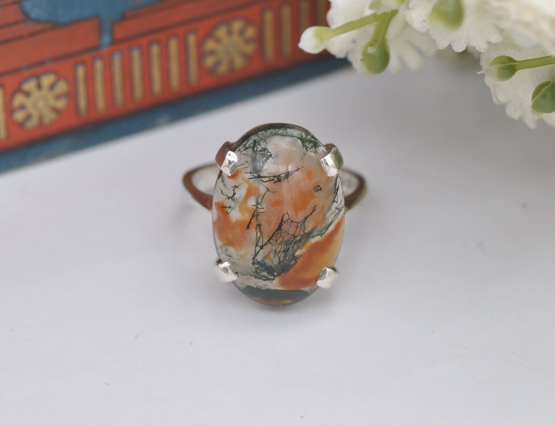 Vintage Scottish Sterling Silver Moss Agate Ring Thomas Kerr Ebbutt