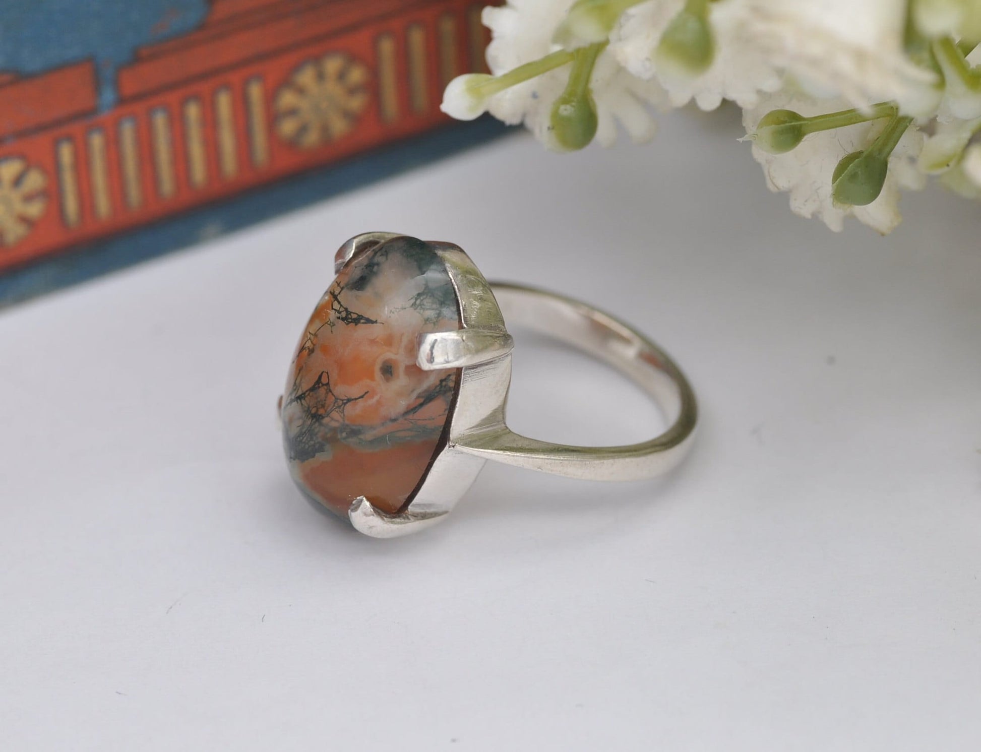 Vintage Scottish Sterling Silver Moss Agate Ring Thomas Kerr Ebbutt