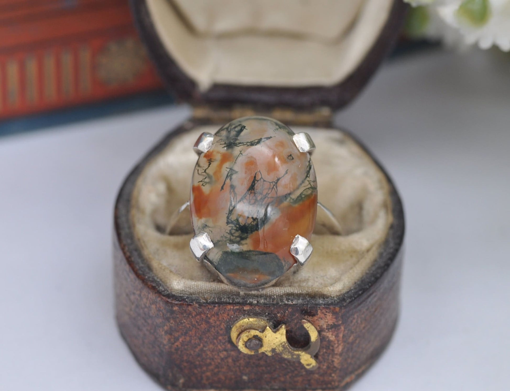 Vintage Scottish Sterling Silver Moss Agate Ring Thomas Kerr Ebbutt