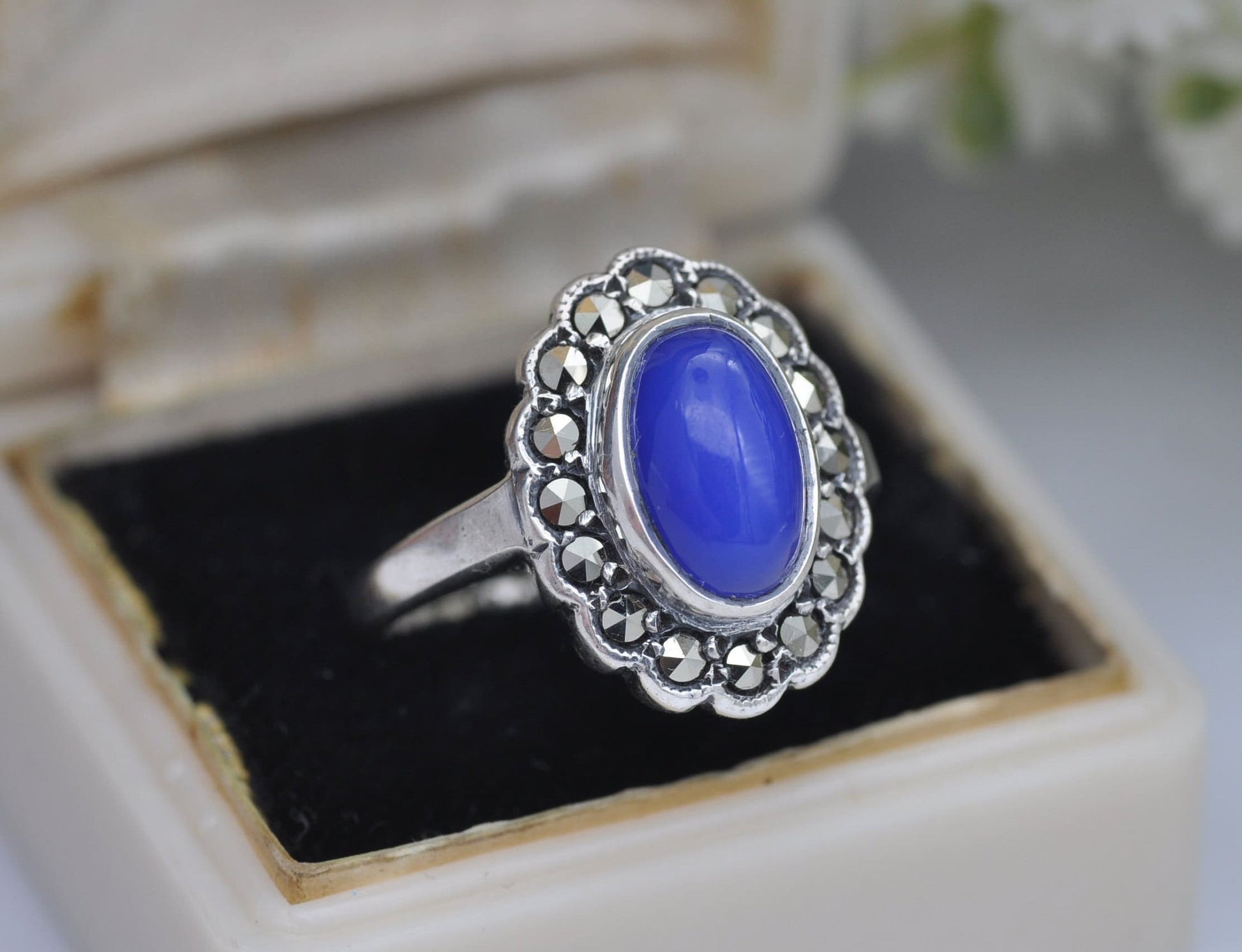 Vintage Sterling Silver Chalcedony Marcasite Ring