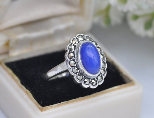 Vintage Sterling Silver Chalcedony Marcasite Ring