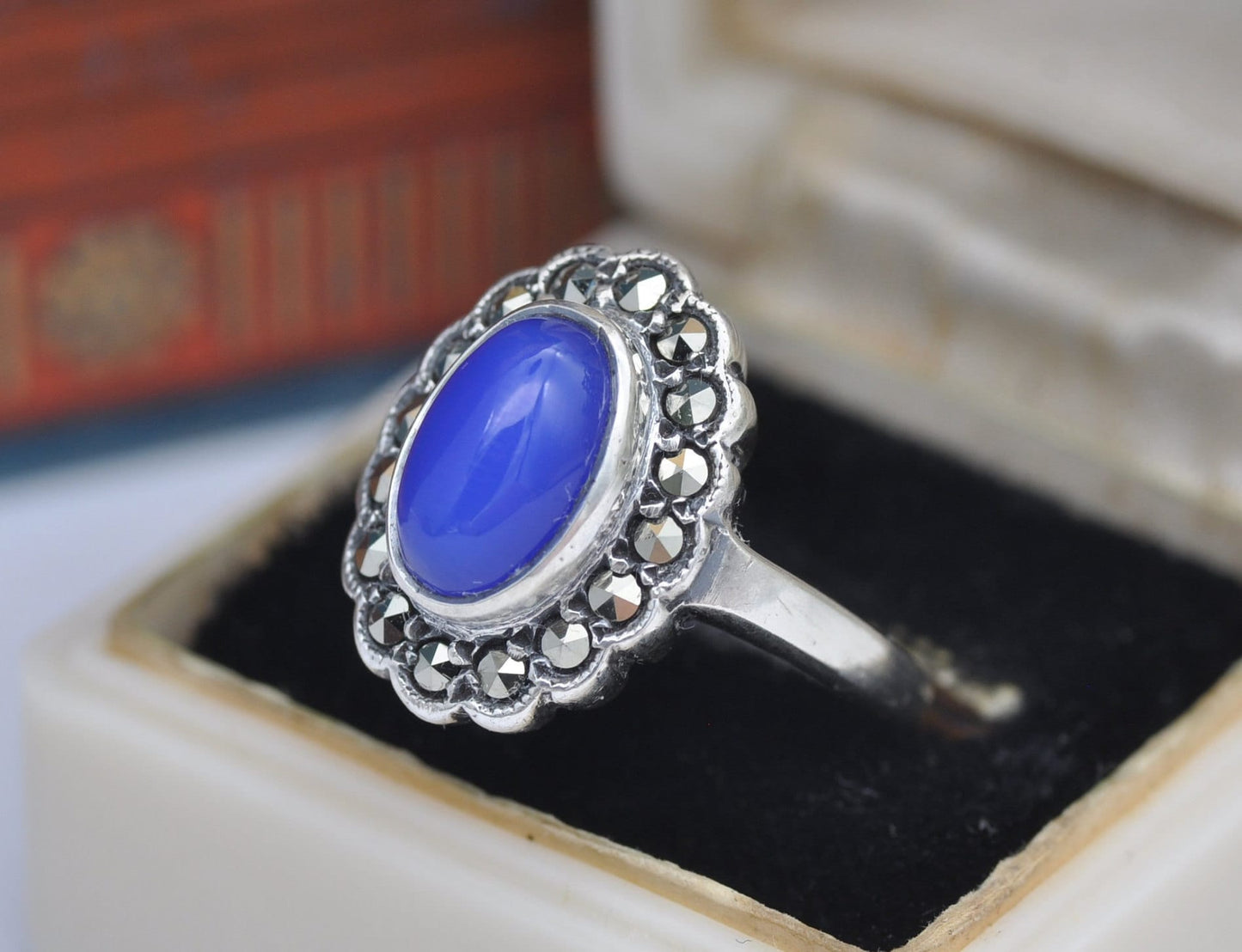 Vintage Sterling Silver Chalcedony Marcasite Ring