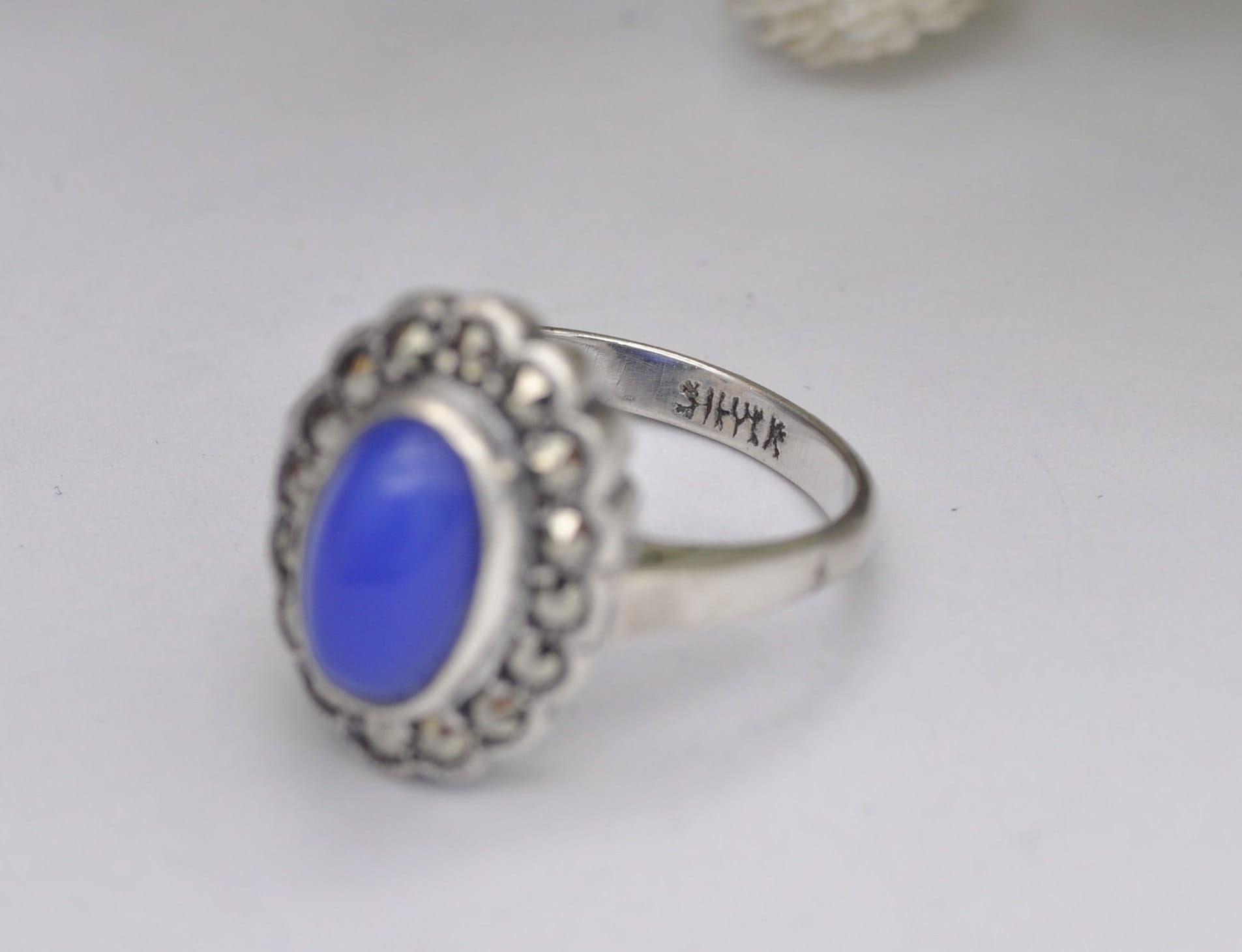 Vintage Sterling Silver Chalcedony Marcasite Ring