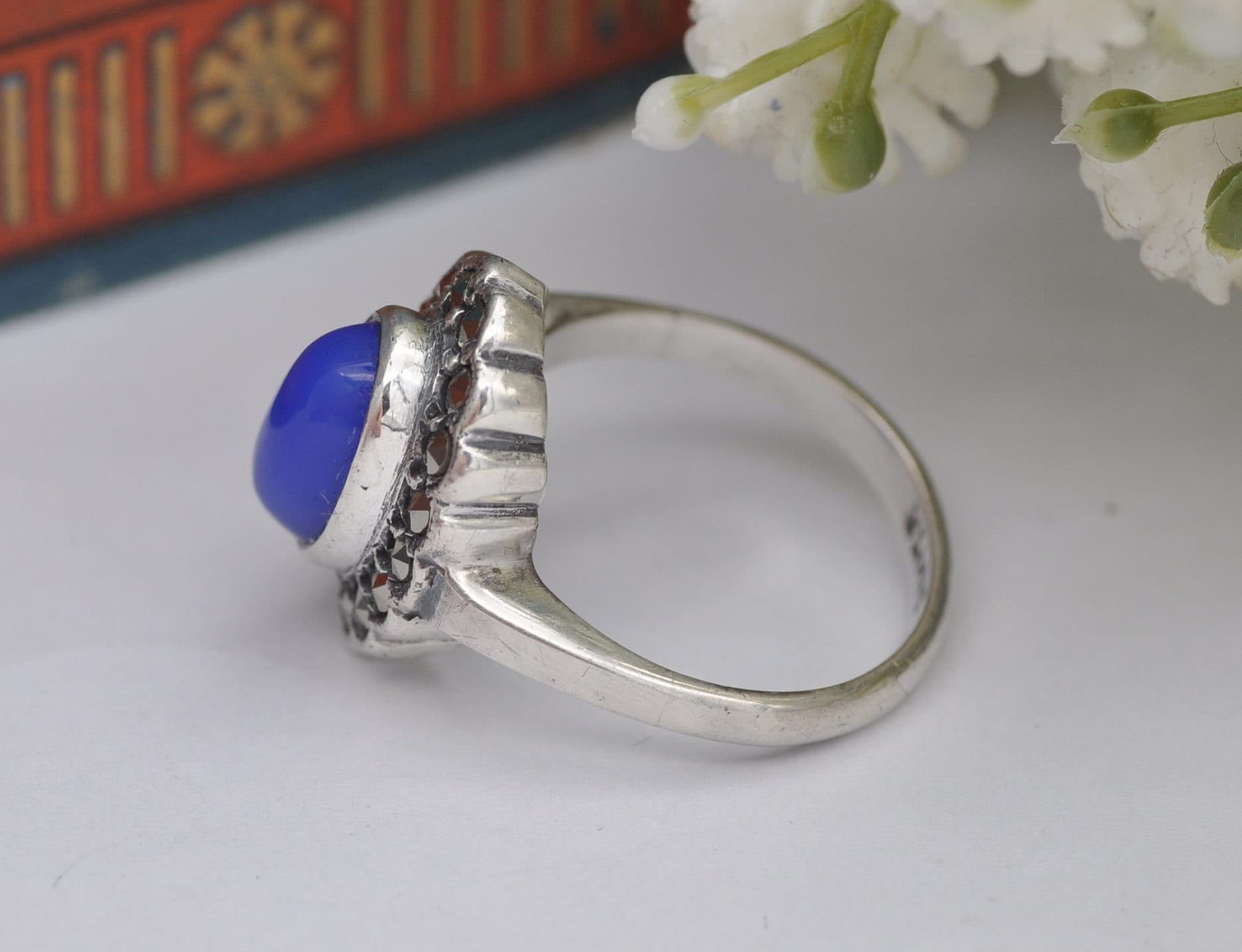 Vintage Sterling Silver Chalcedony Marcasite Ring