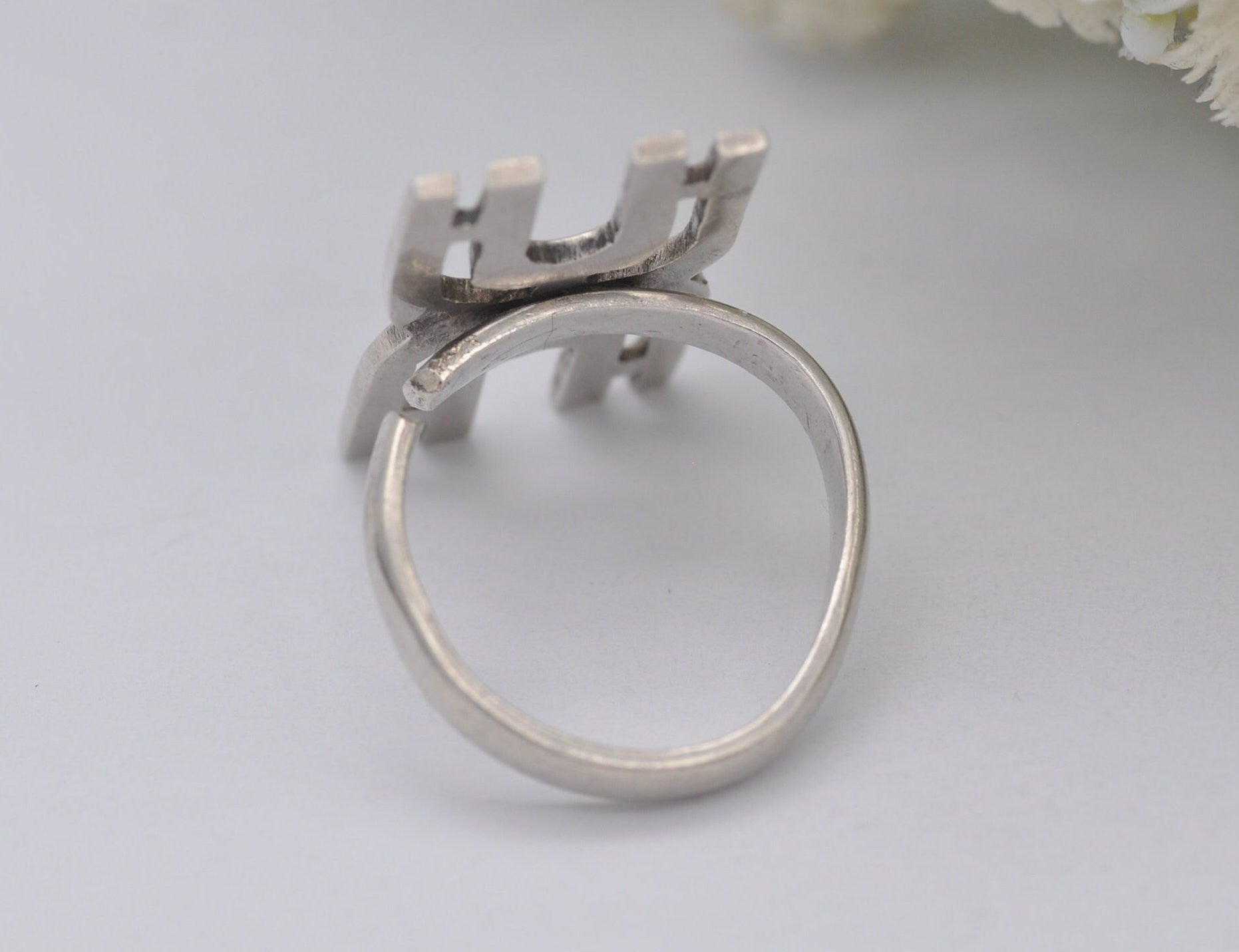 Vintage Sterling Silver Abstract H Ring - UK Size - O | US Size - 7 1/4