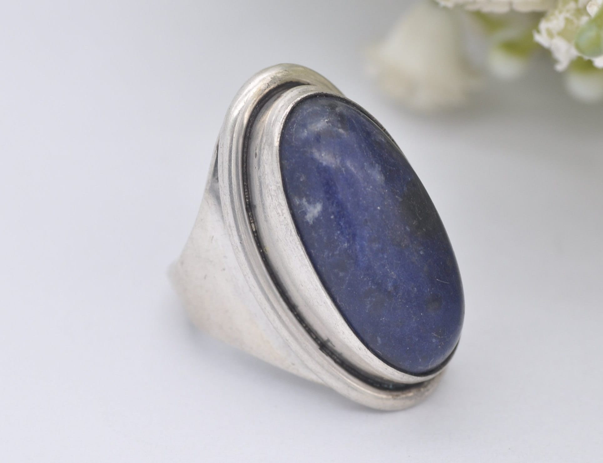 Vintage Mid-Century Sterling Silver Sodalite Ring - UK Size - L 1/2 / US Size - 6