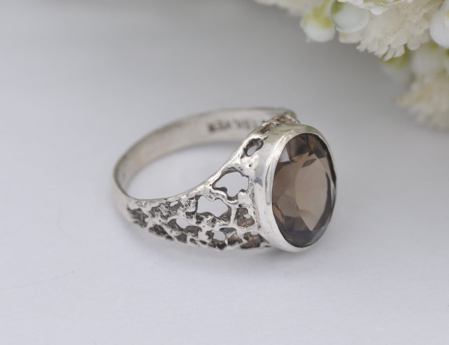 Brutalist Sterling Silver Smoky Quartz Ring Vintage Mid-Century - UK Size - N / US Size - 6 3/4