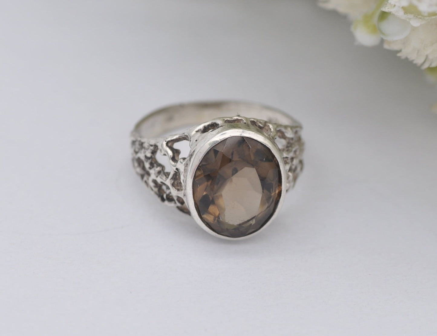 Brutalist Sterling Silver Smoky Quartz Ring Vintage Mid-Century - UK Size - N / US Size - 6 3/4