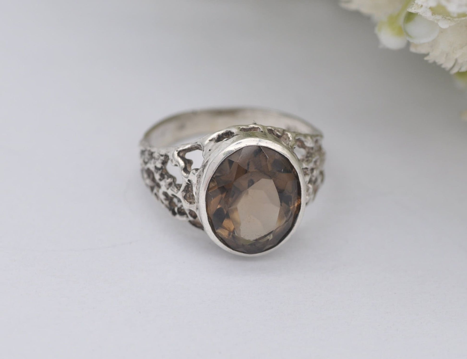 Brutalist Sterling Silver Smoky Quartz Ring Vintage Mid-Century - UK Size - N / US Size - 6 3/4