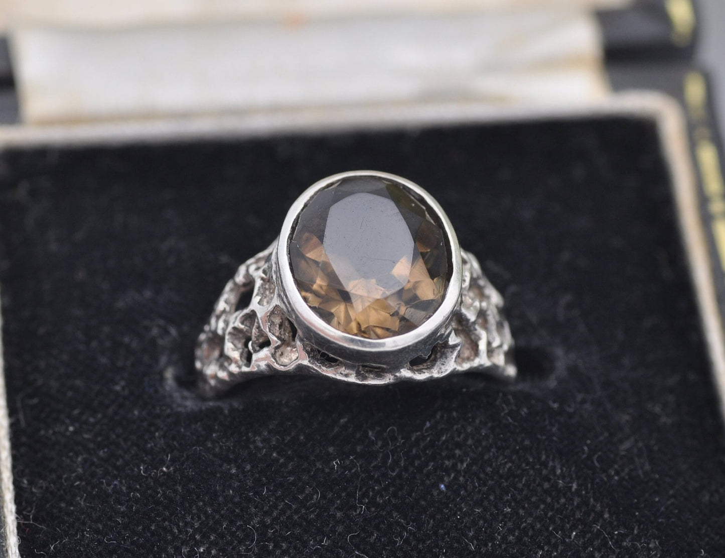 Brutalist Sterling Silver Smoky Quartz Ring Vintage Mid-Century - UK Size - N / US Size - 6 3/4