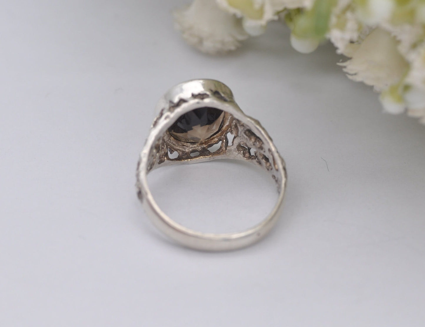 Brutalist Sterling Silver Smoky Quartz Ring Vintage Mid-Century - UK Size - N / US Size - 6 3/4