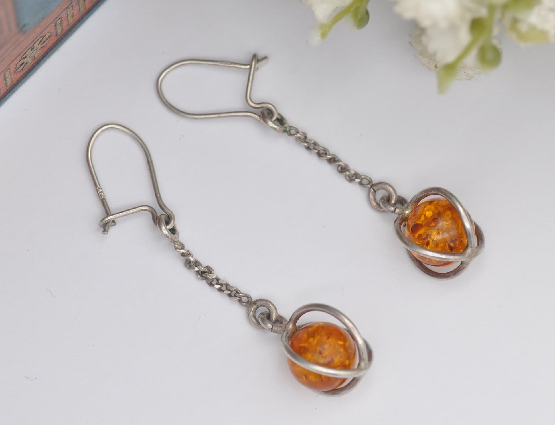 Vintage Sterling Silver Baltic Amber Orb Drop Earrings