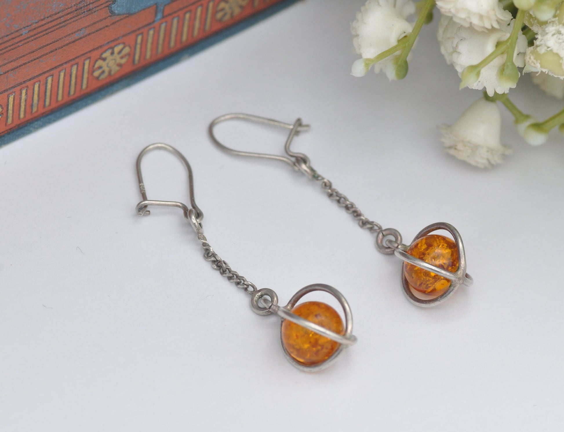 Vintage Sterling Silver Baltic Amber Orb Drop Earrings