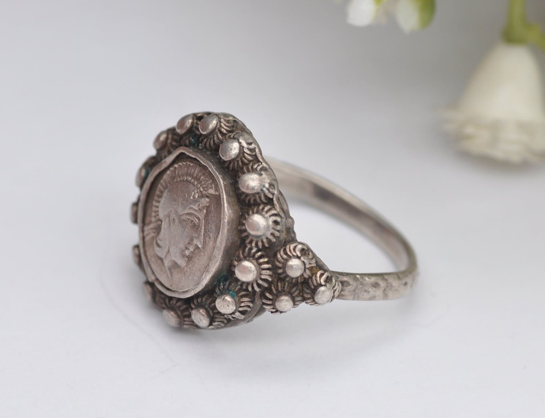 Vintage Etruscan Style Silver Ancient Greek Goddess Athena and Owl Coin Ring