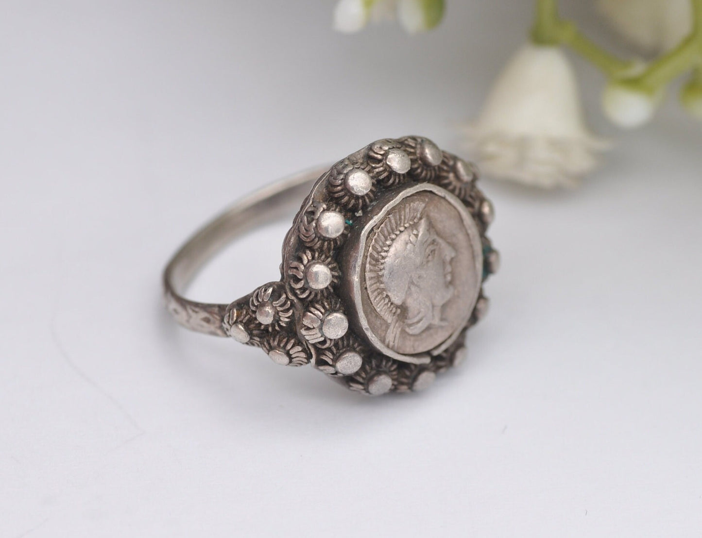 Vintage Etruscan Style Silver Ancient Greek Goddess Athena and Owl Coin Ring