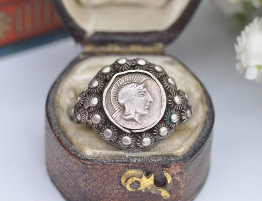 Vintage Etruscan Style Silver Ancient Greek Goddess Athena and Owl Coin Ring