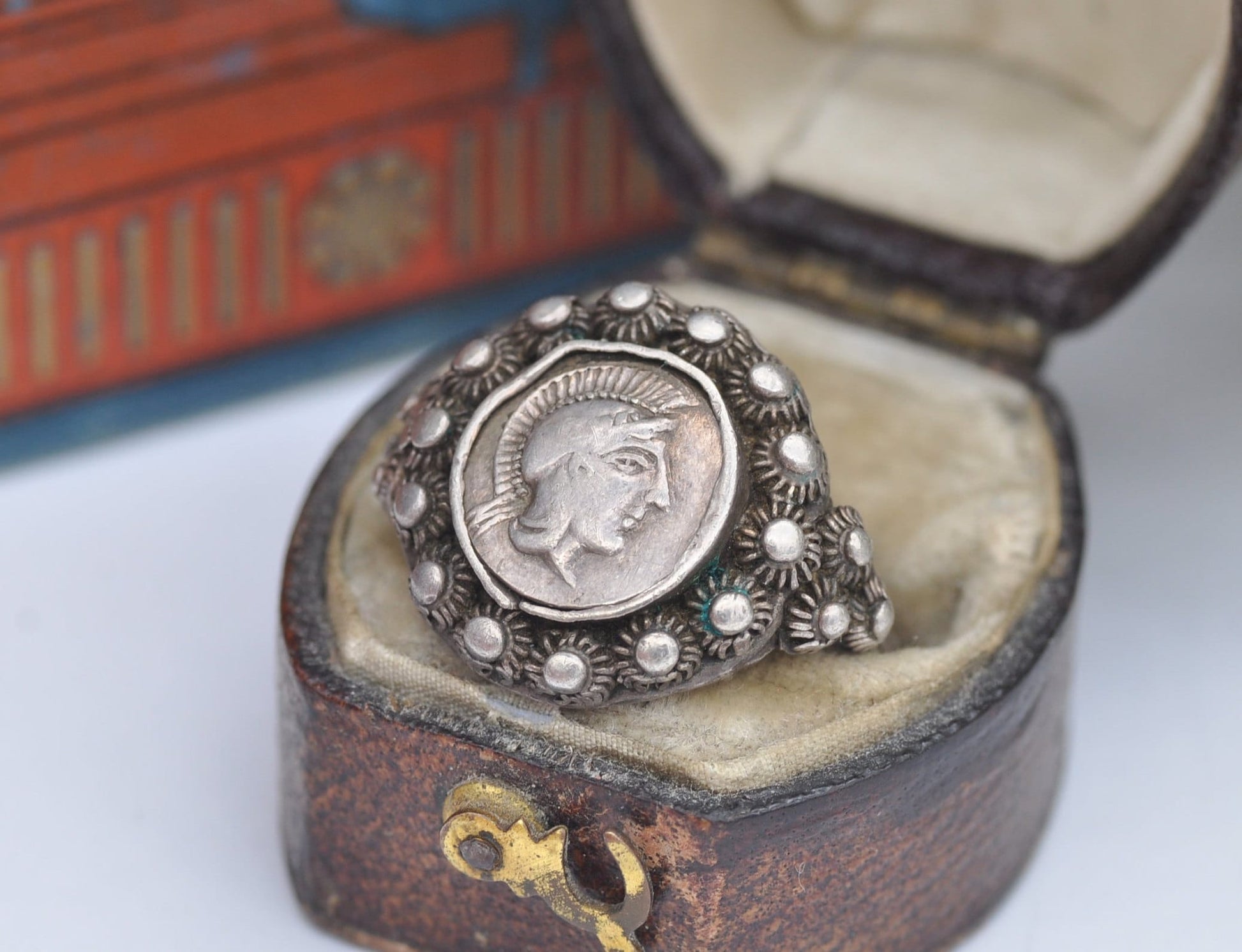 Vintage Etruscan Style Silver Ancient Greek Goddess Athena and Owl Coin Ring