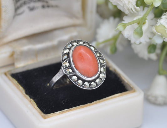 Vintage Art Deco Sterling Silver Coral and Marcasite Ring