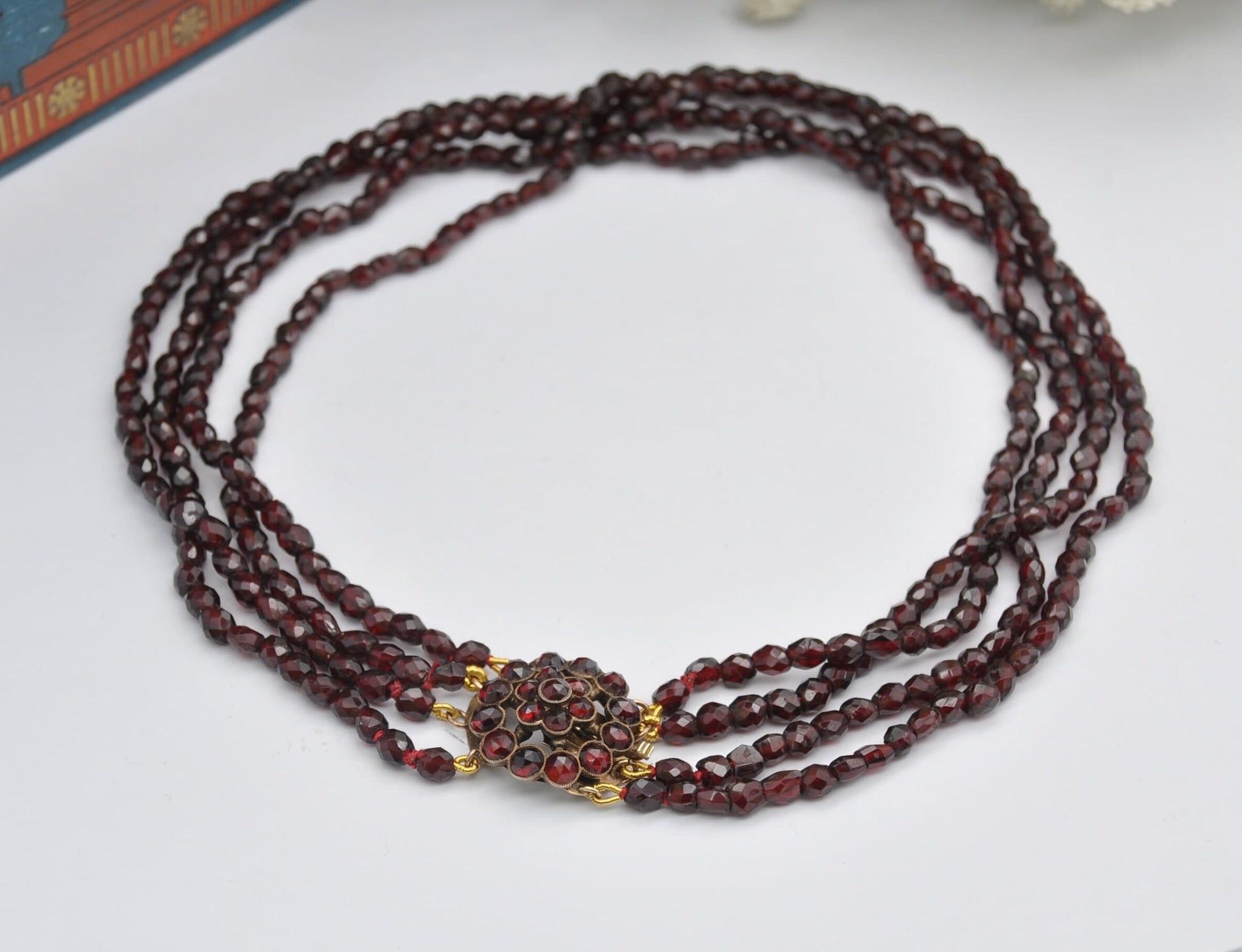 Antique Victorian Bohemian Garnet Necklace with Flower Clasp