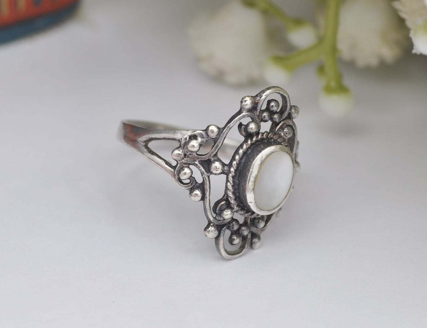 Vintage Sterling Silver Mother of Pearl Ring with Ornate Openwork Band