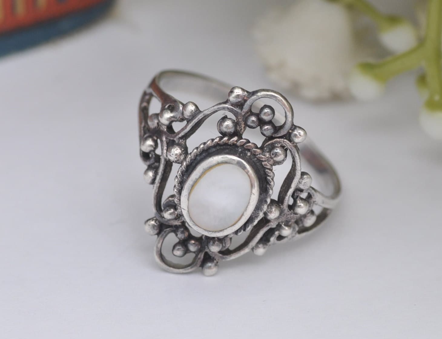 Vintage Sterling Silver Mother of Pearl Ring with Ornate Openwork Band