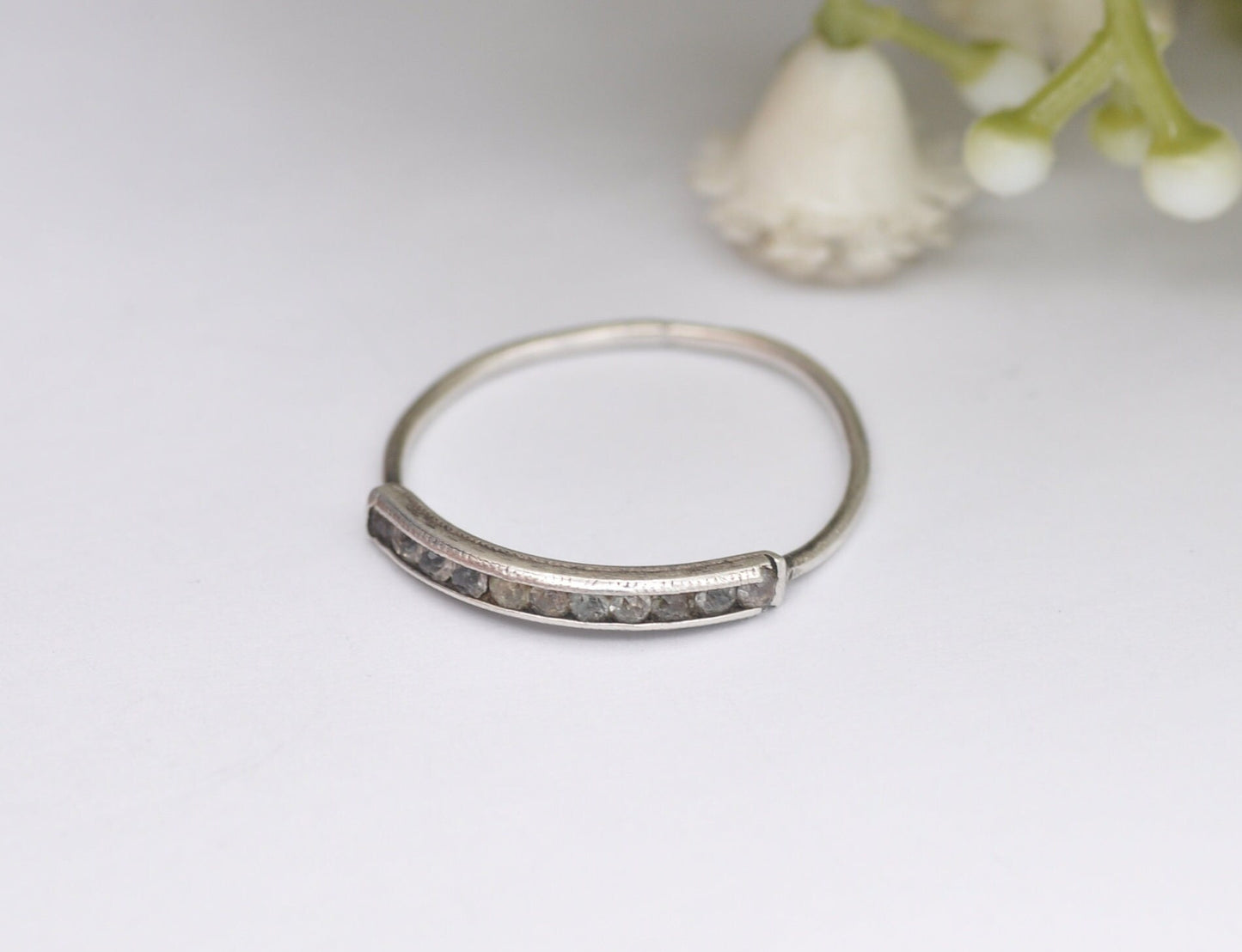 Antique Art Deco Sterling Silver Half Eternity Ring with Channel Set Clear Stones