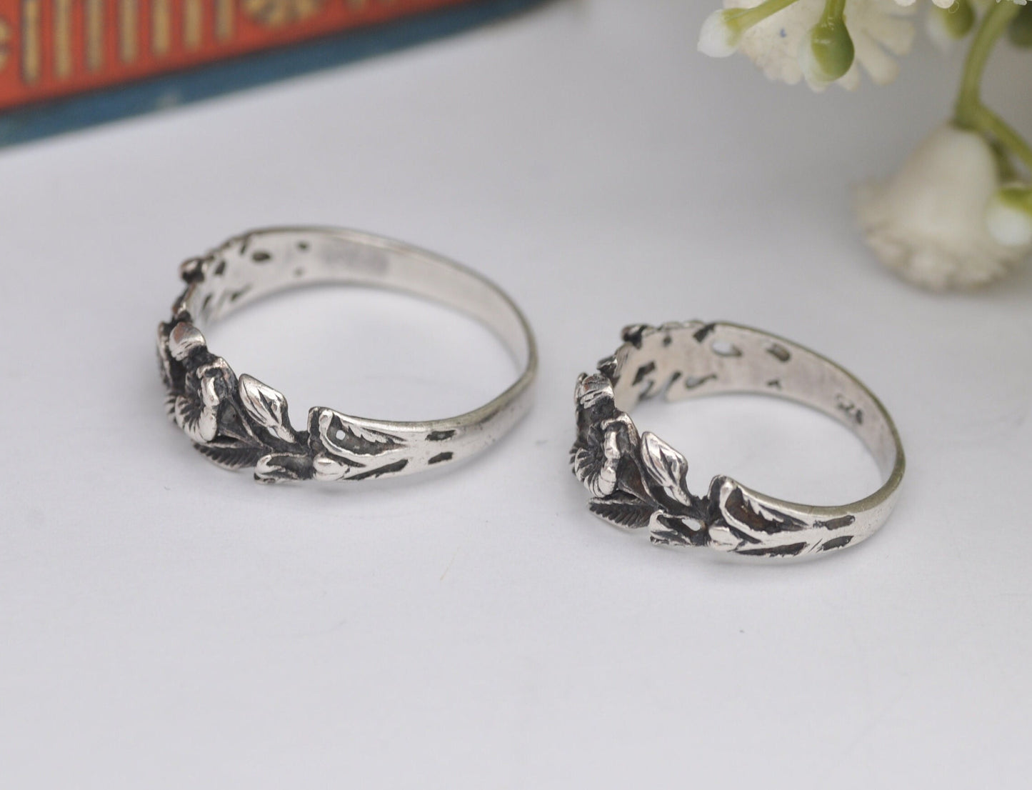 Vintage Matching Silver Flower Rings Pair