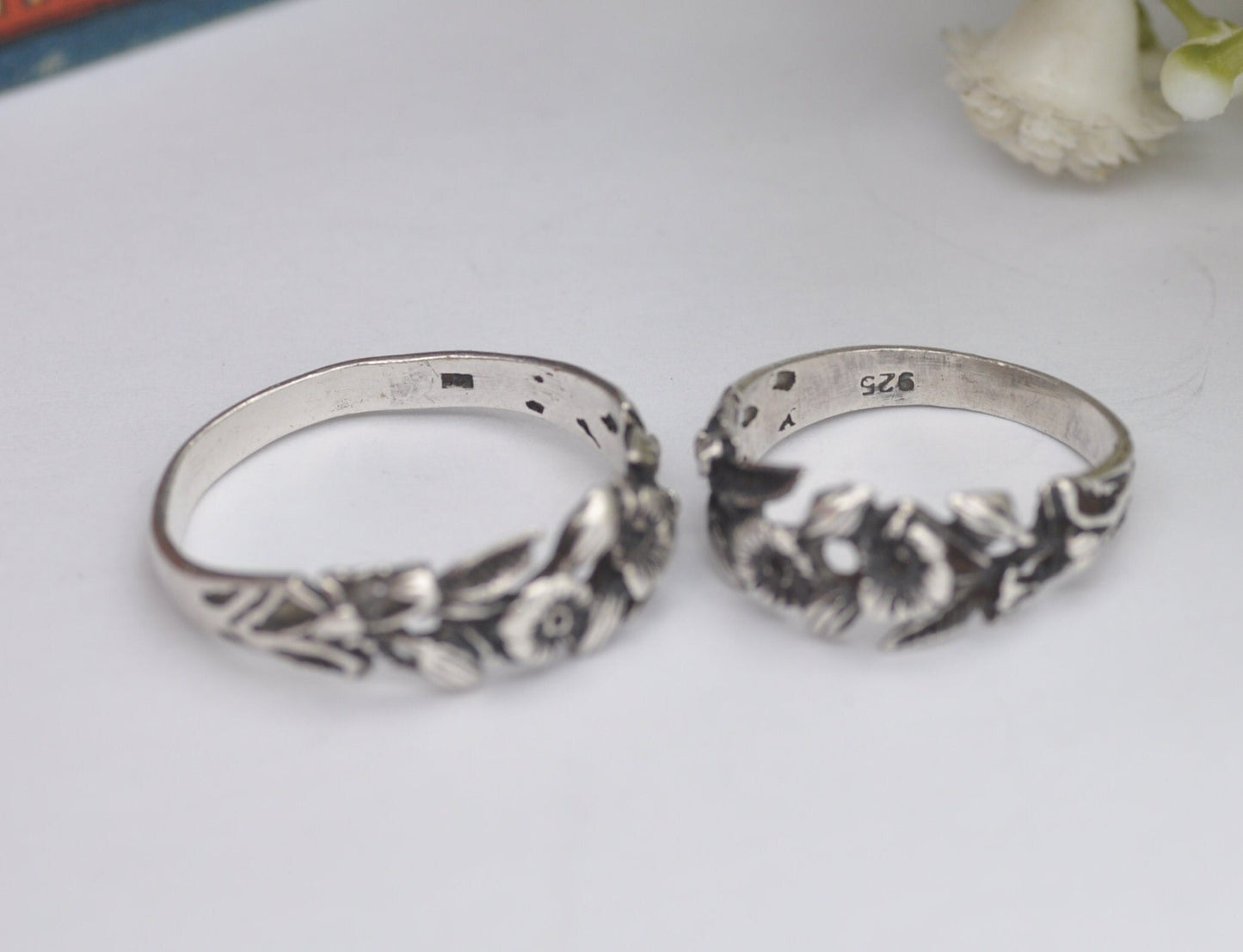 Vintage Matching Silver Flower Rings Pair