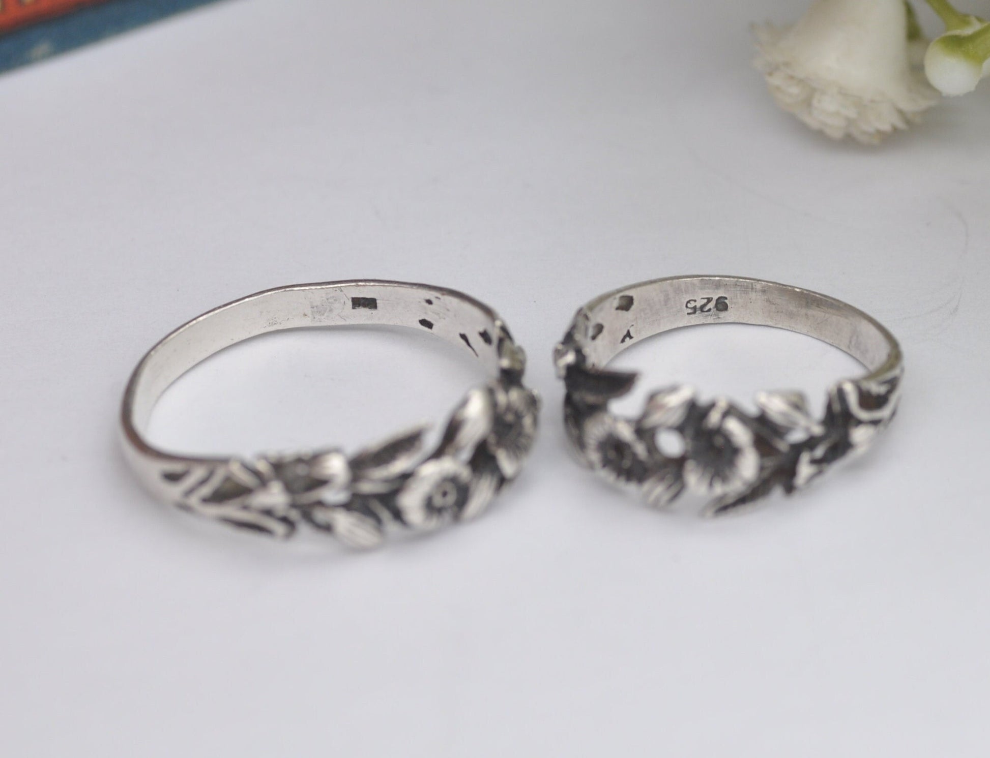 Vintage Matching Silver Flower Rings Pair