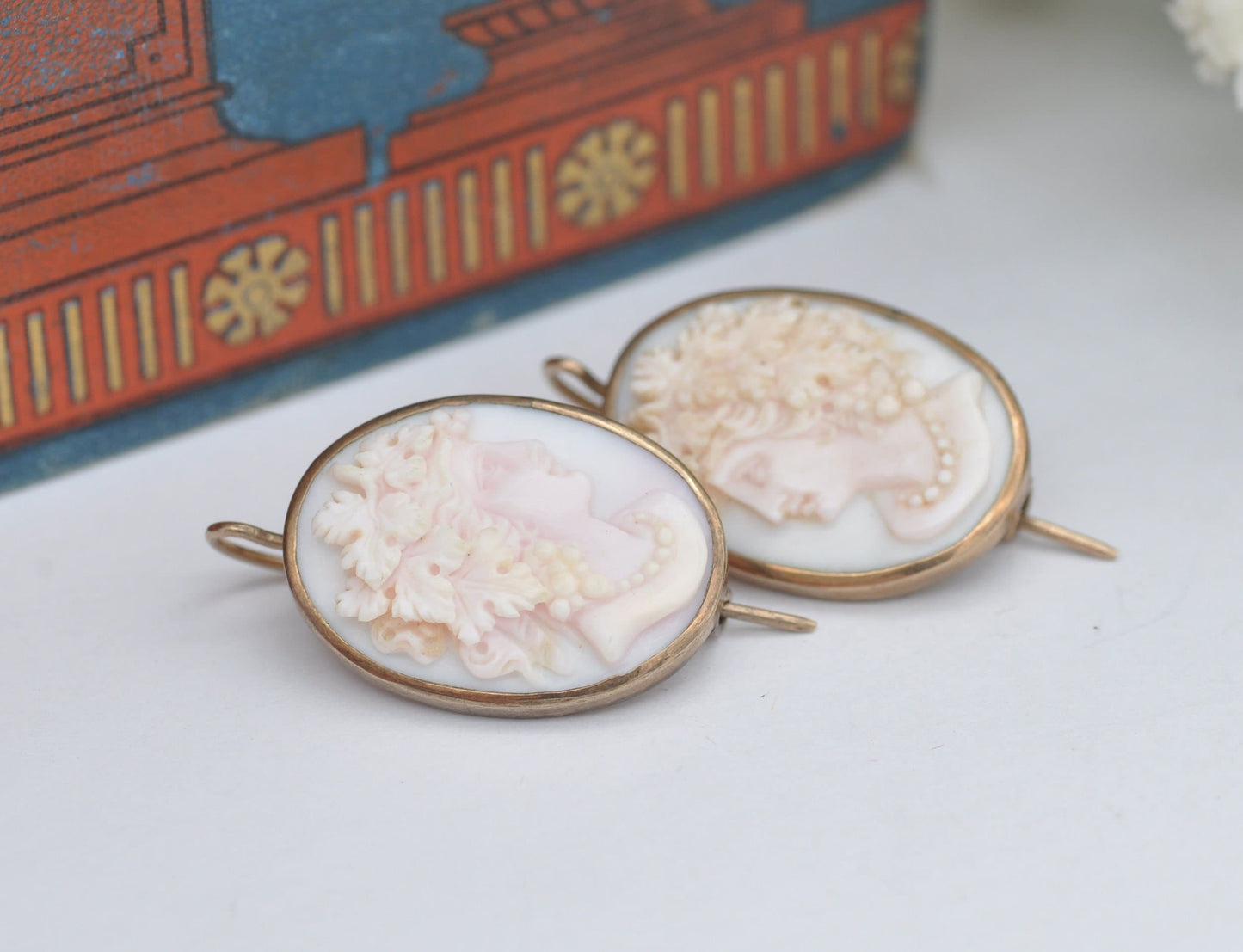 Antique Victorian Gold Angel Skin Coral Cameo Earrings