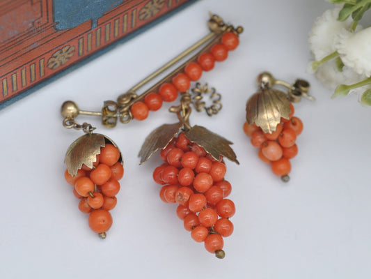 Vintage Silver Gilt Coral Grape Earrings and Brooch Set