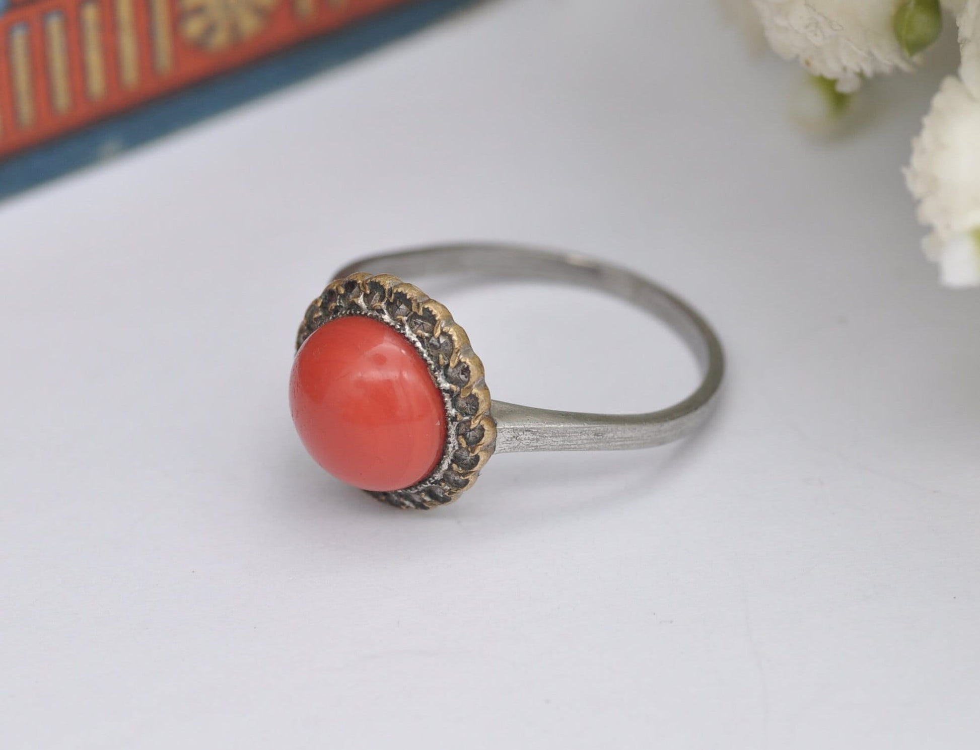 Antique Art Deco Faux Coral Halo Ring