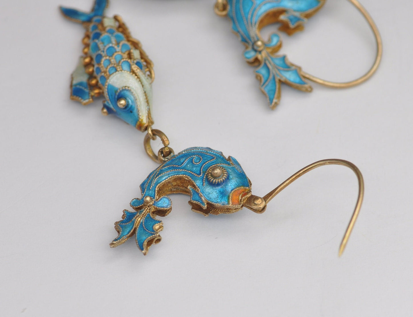 Vintage Chinese Silver Cloisonn�� Enamel Articulated Fish Drop Earrings