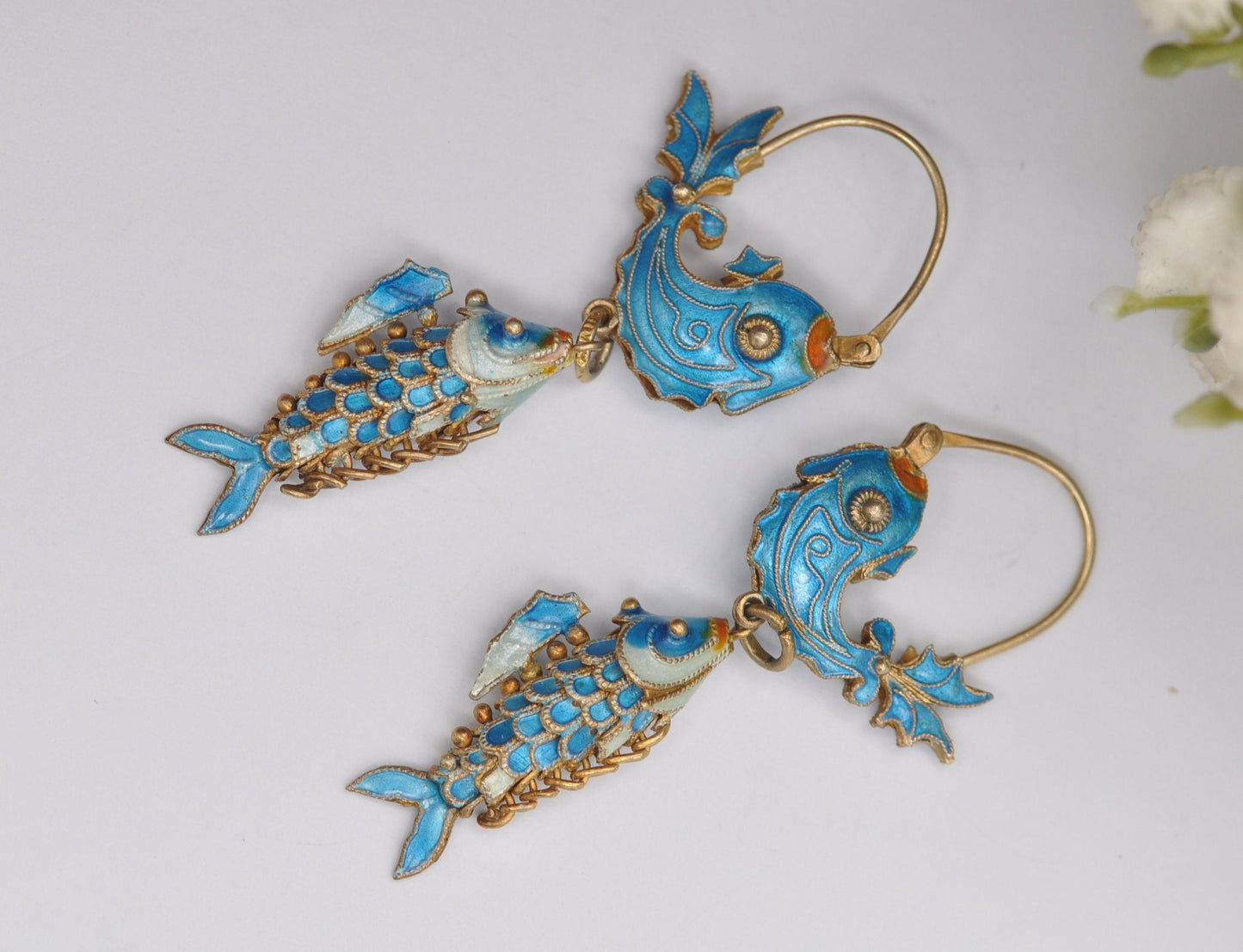 Vintage Chinese Silver Cloisonn�� Enamel Articulated Fish Drop Earrings