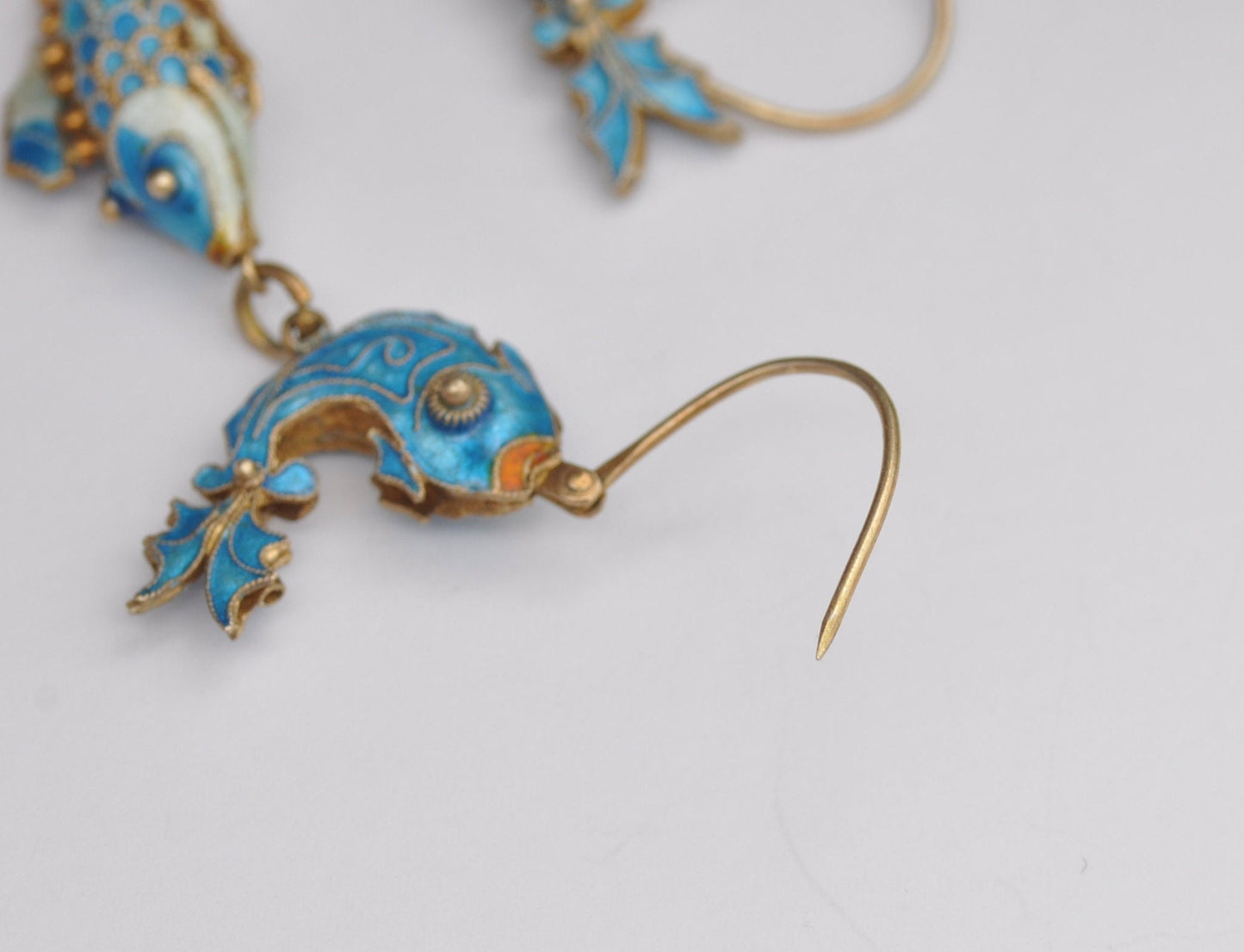 Vintage Chinese Silver Cloisonn�� Enamel Articulated Fish Drop Earrings