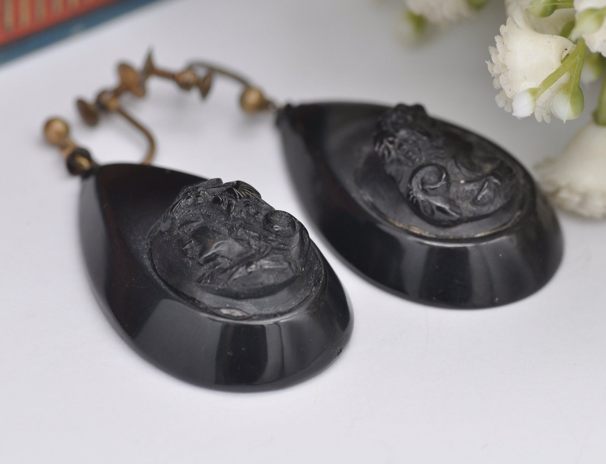 Antique Victorian Jet Cameo Earrings Screw Back