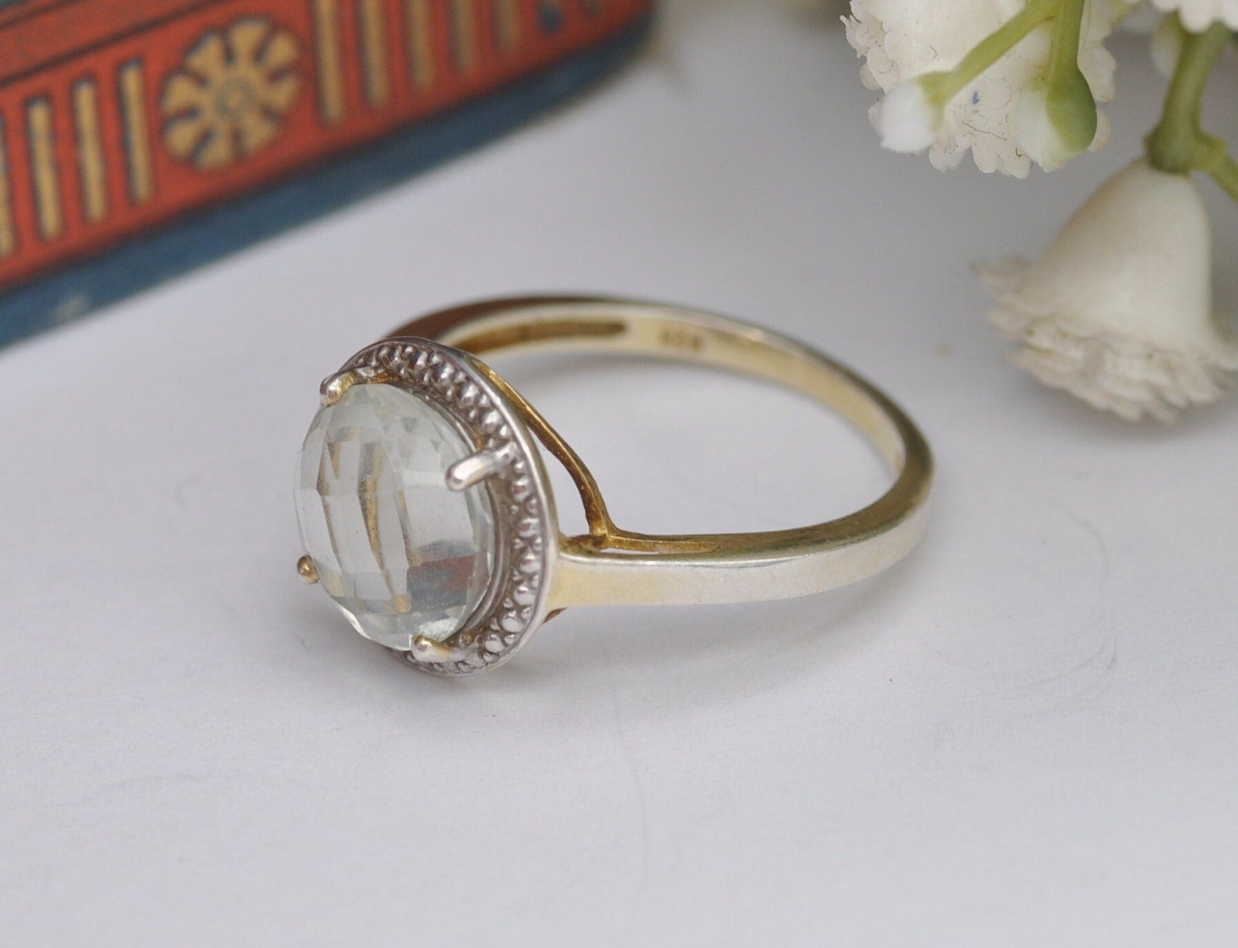 Sterling Silver Faceted Prasiolite Solitaire Ring - Gold Plated | Pale Green Stone | UK Size - R | US Size - 8 1/2