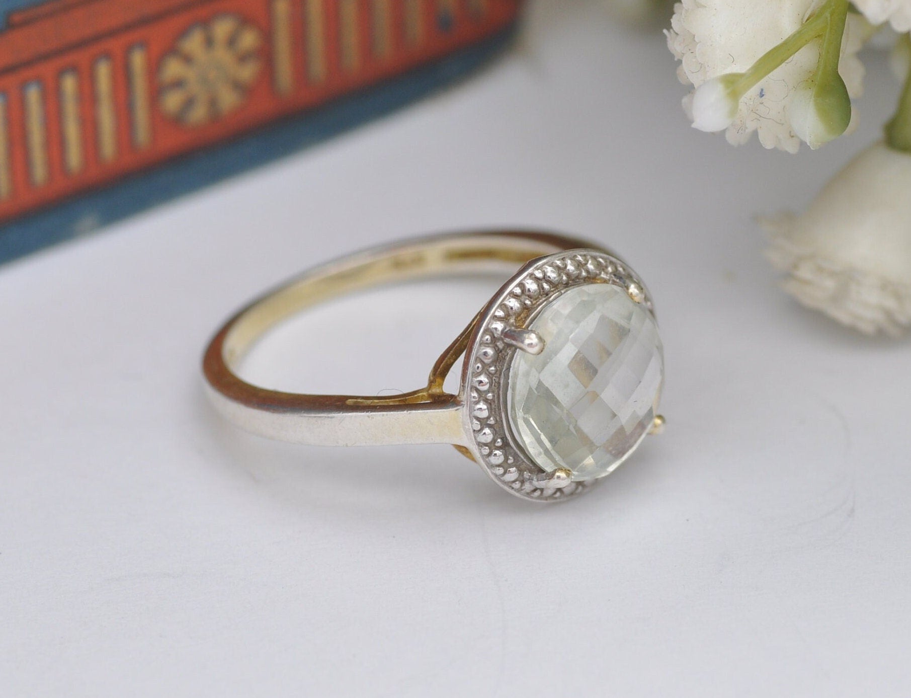 Sterling Silver Faceted Prasiolite Solitaire Ring - Gold Plated | Pale Green Stone | UK Size - R | US Size - 8 1/2