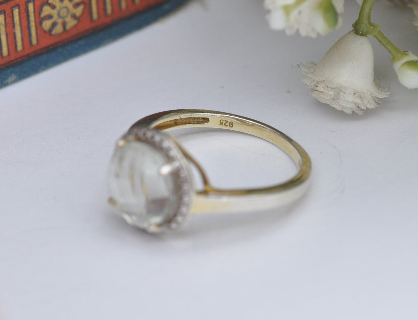 Sterling Silver Faceted Prasiolite Solitaire Ring - Gold Plated | Pale Green Stone | UK Size - R | US Size - 8 1/2