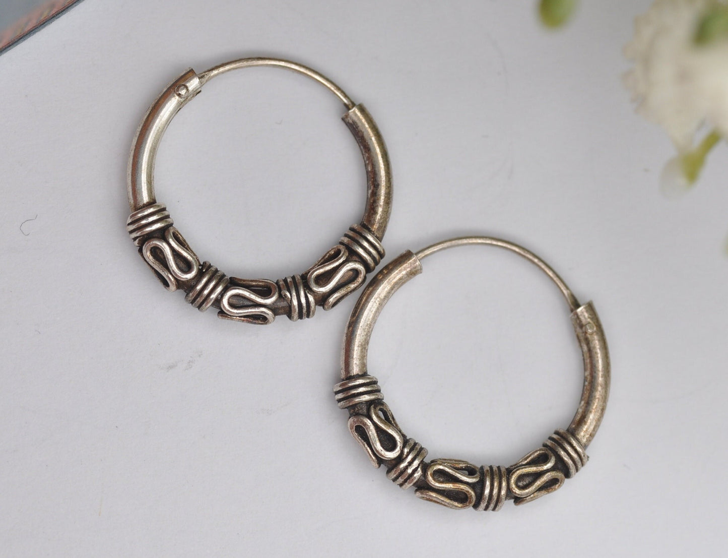 Vintage Sterling Silver Ornate Hoop Earrings