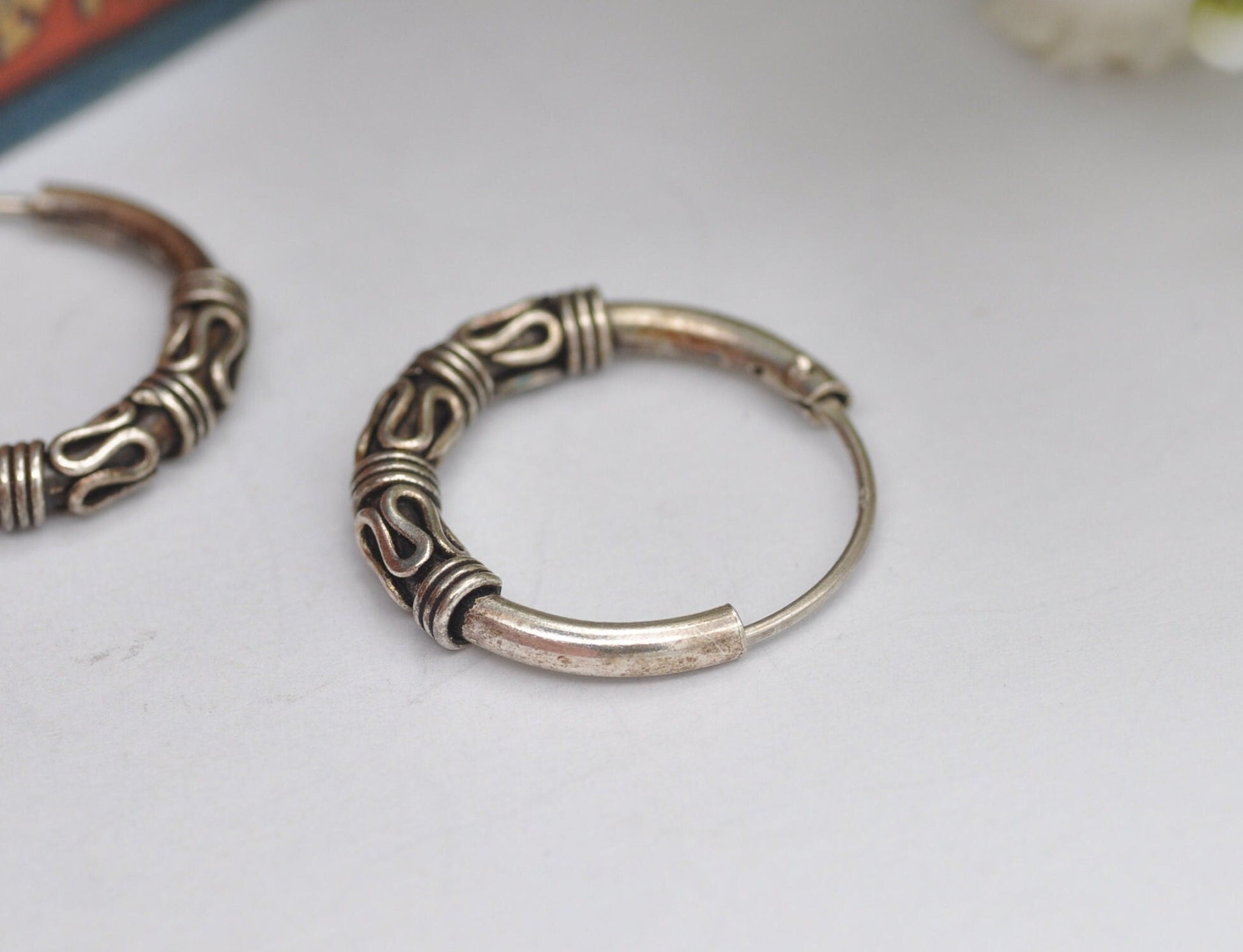 Vintage Sterling Silver Ornate Hoop Earrings